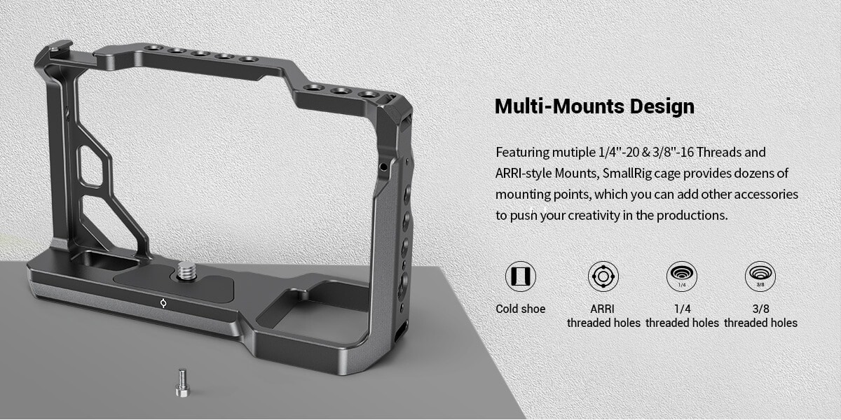 SmallRig Cage for Sony A7C 3081 ชุดริกกล้อง Sony A7C ยึดกล้องด้วยน๊อตสองจุด พร้อมรูน๊อต 1/4, 3/8, Arri Mount และฮอทชู ฐานล่าง Arca ราคา 1350 บาท