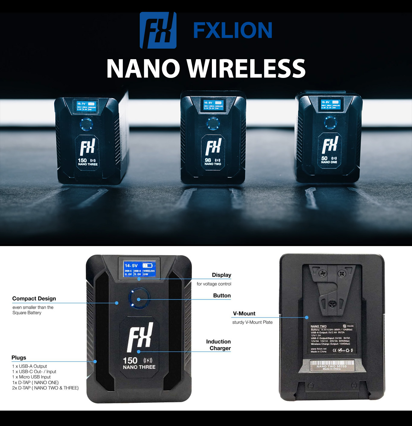 FXLION NANO WIRELESS แบต V-Mount ซีรีย์ใหม่จาก FXLION ที่มาพร้อมฟังก์ชั่น Wireless Charger สำหรับชาร์จมือถือได้ทันที มี 3 ขนาดความจุ 50/98/150 Wh