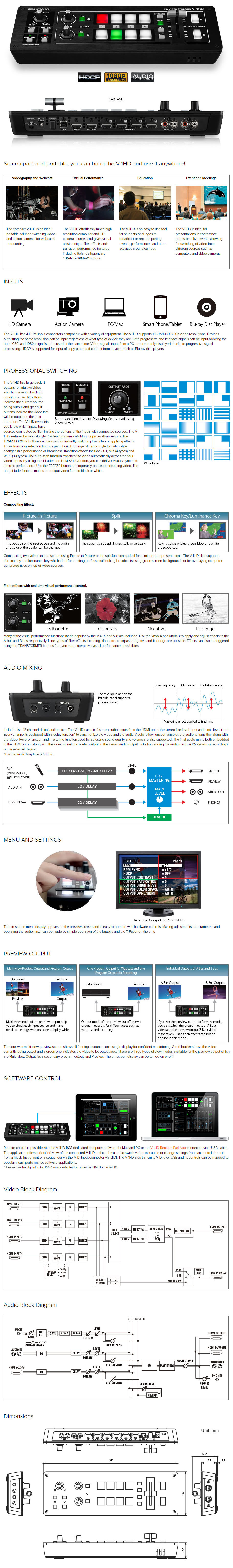 Roland V-1HD HD Video Switcher สวิทเชอร์สลับสัญญาณภาพ HDMI 4 แชนแนล เอฟเฟกต์ในตัว สำหรับ broadcast, facebook live, youtube live, streaming ราคา 39000 บาท
