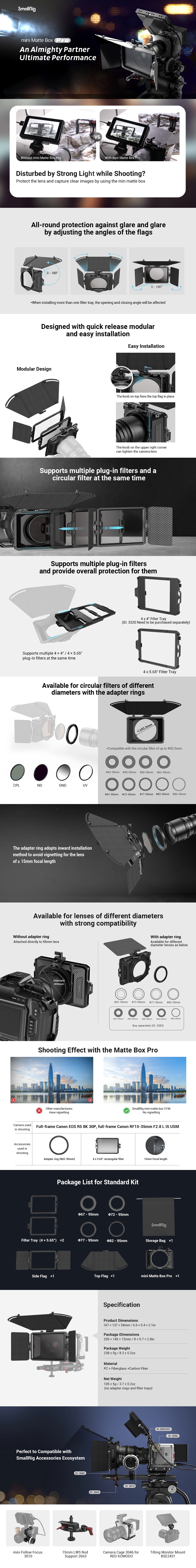 SmallRig mini Matte Box Pro 3680 แมทบ็อกซ์สำหรับชุดริกกล้อง ป้องกันแสงส่วนเกินเข้าสู่หน้าเลนส์ พร้อมถาดใส่ฟิลเตอร์ขนาด 4 x 5.65 สองแผ่น ราคา 4850 บาท